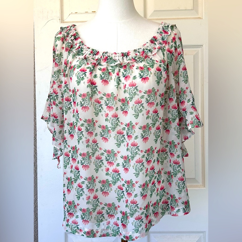 Max Studio Filmy Floral Top Bow Tie Sleeves Size Medium